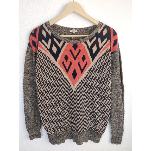 Urban Outfitters Ecote Intarsia Tan Pink Aztec Tribal Pullover Sweater Size S - Picture 2 of 8